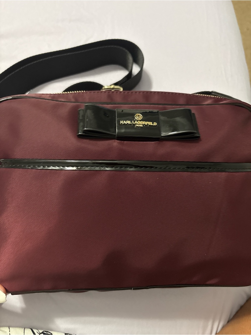 Karl Lagerfeld Burgundy Crossbody with Black Patent Bow